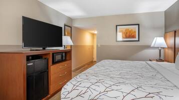 A hotel room with a bed, a television, a microwave, a refrigerator, a desk, and a framed picture on the wall.