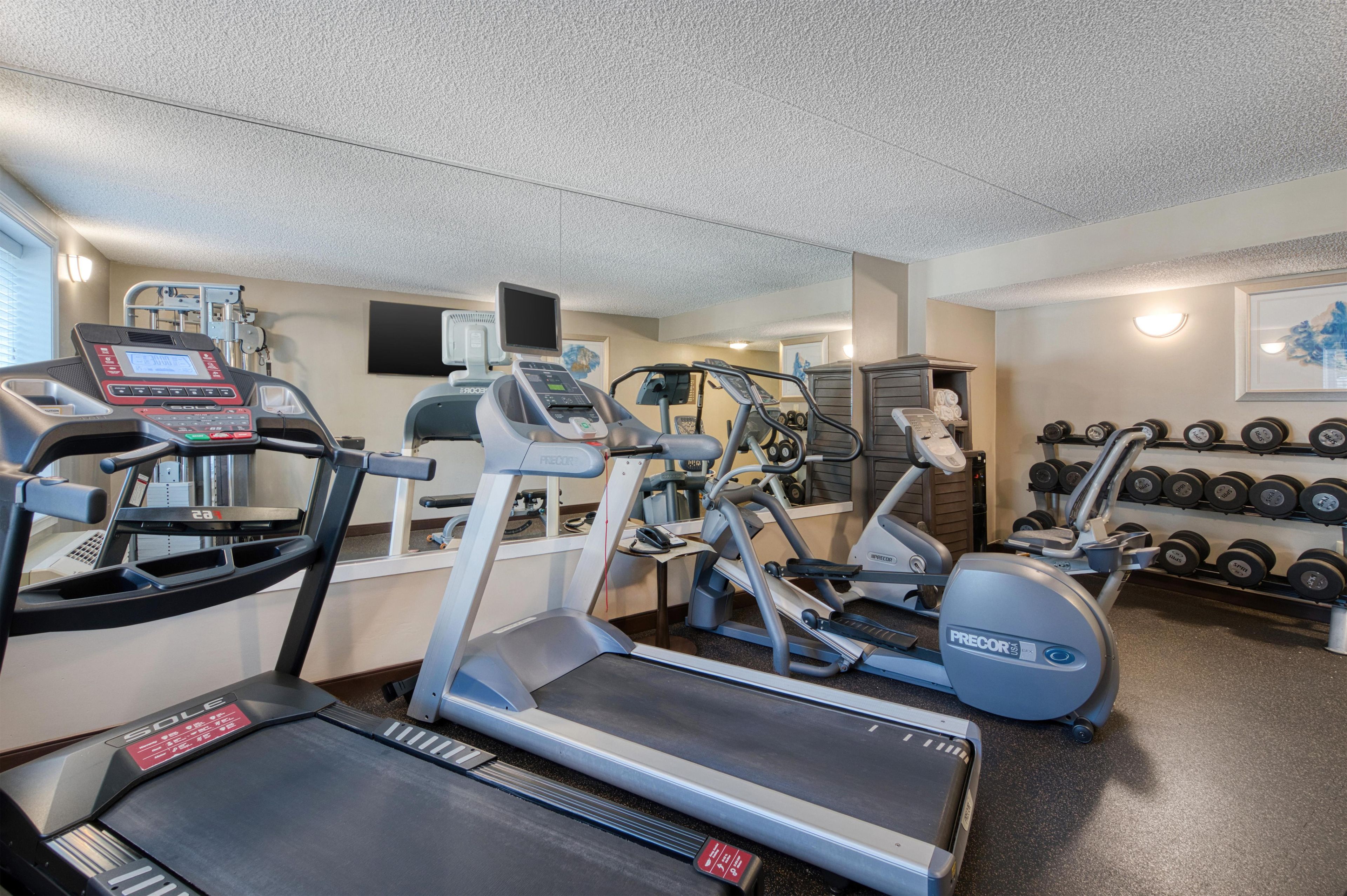 A gym with treadmills, elliptical machines, and a weight rack.