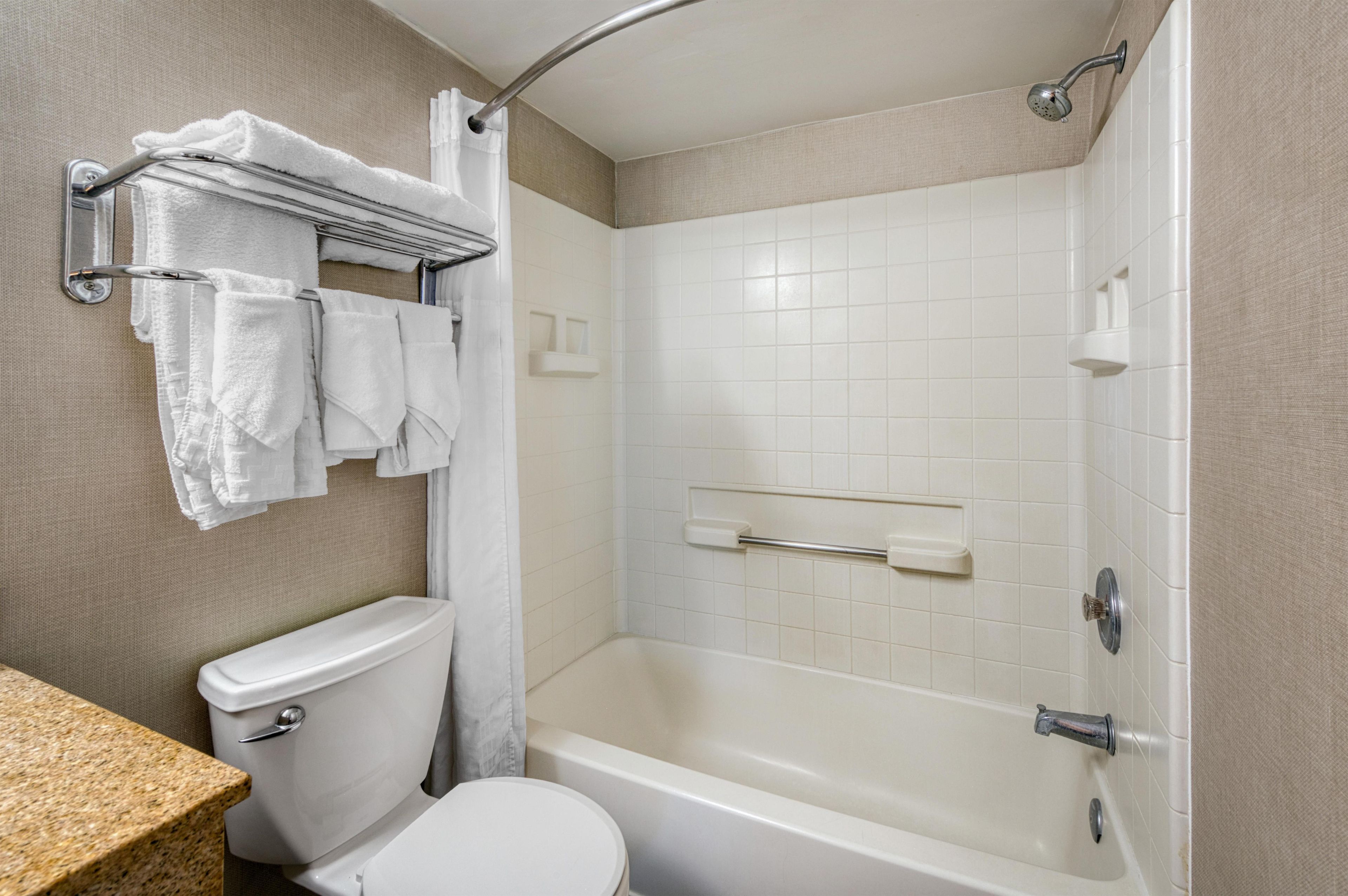 Une salle de bain équipée de toilettes, d’une douche et d’un porte-serviettes.