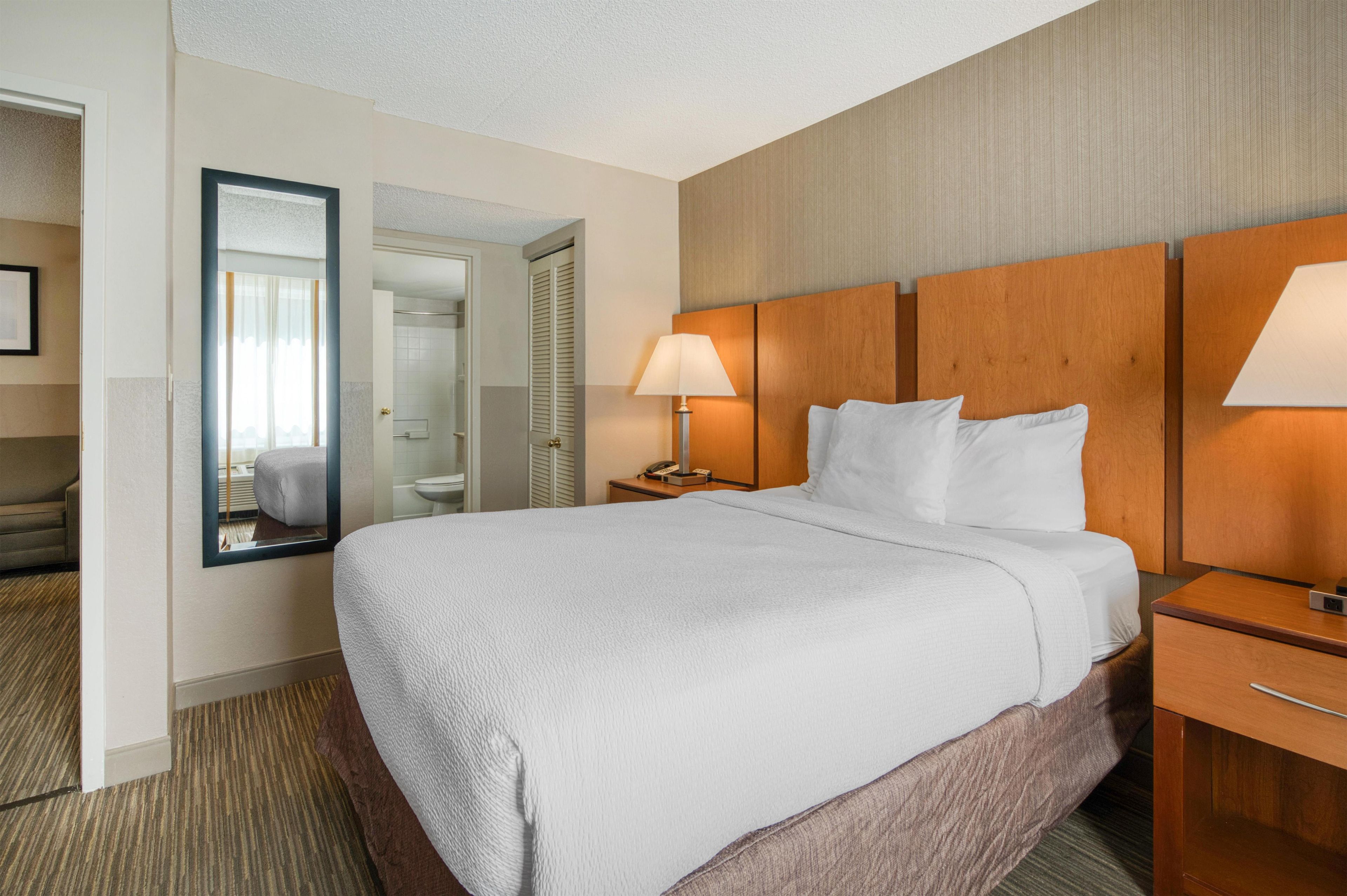 A hotel room with a large bed, a bedside table with a lamp, a mirror, and a view of the bathroom.
