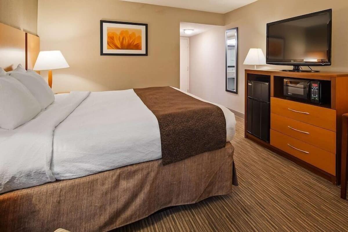 Ein Hotelzimmer mit Bett, Schreibtisch, Fernseher, Mikrowelle und Kühlschrank.