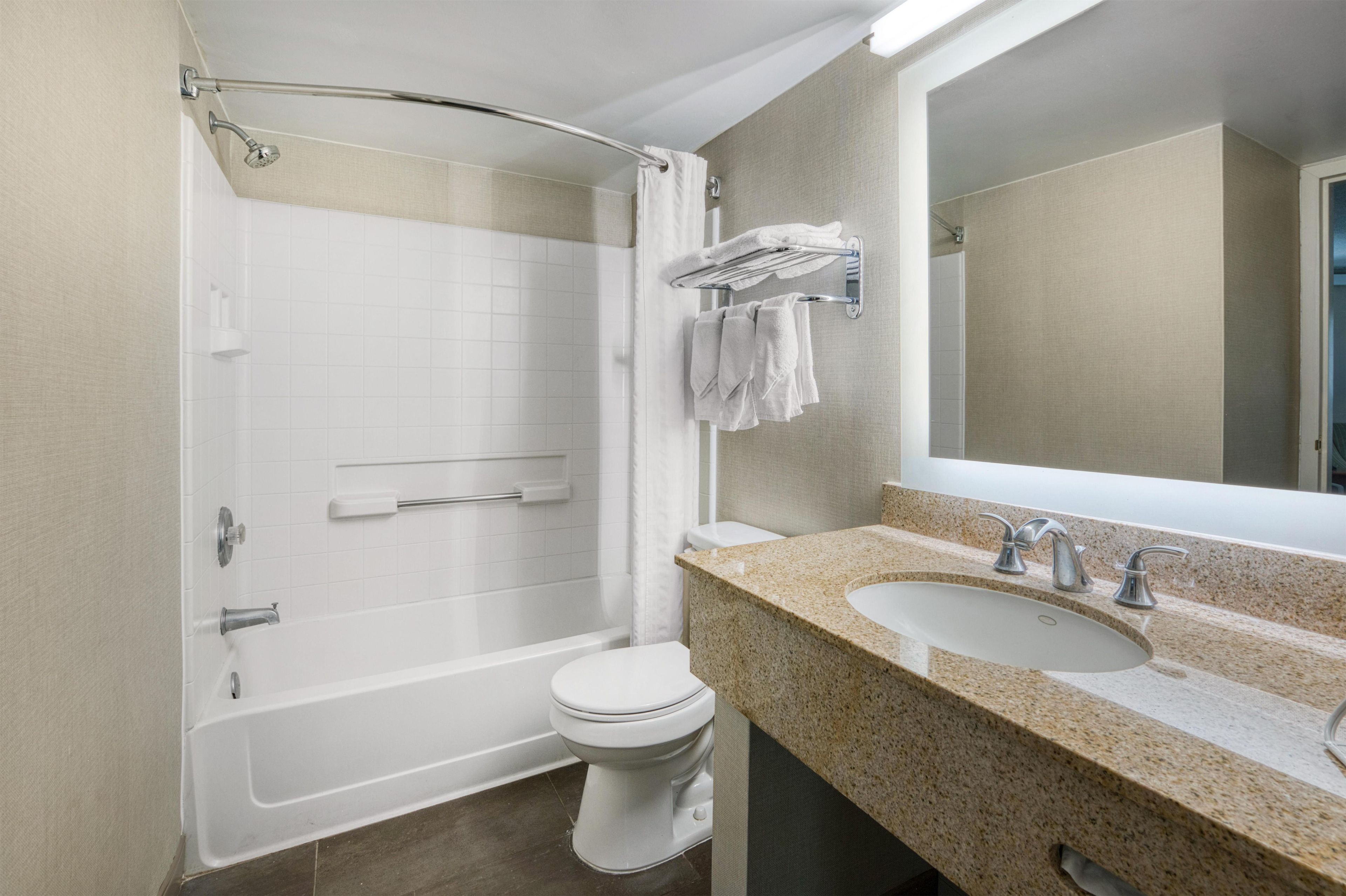 Une salle de bain avec une baignoire, des toilettes et un lavabo avec un miroir.