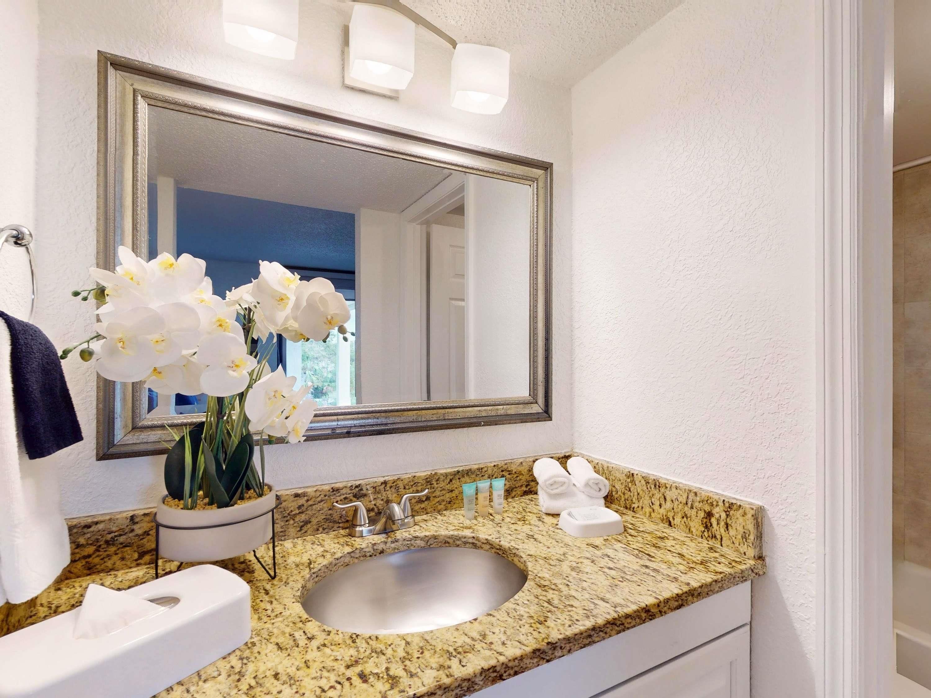A bathroom with a granite countertop, a sink, a mirror, and a vase of white flowers.