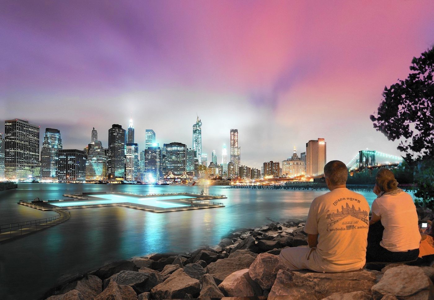 A city skyline at dusk with illuminated buildings and a bridge in the background.