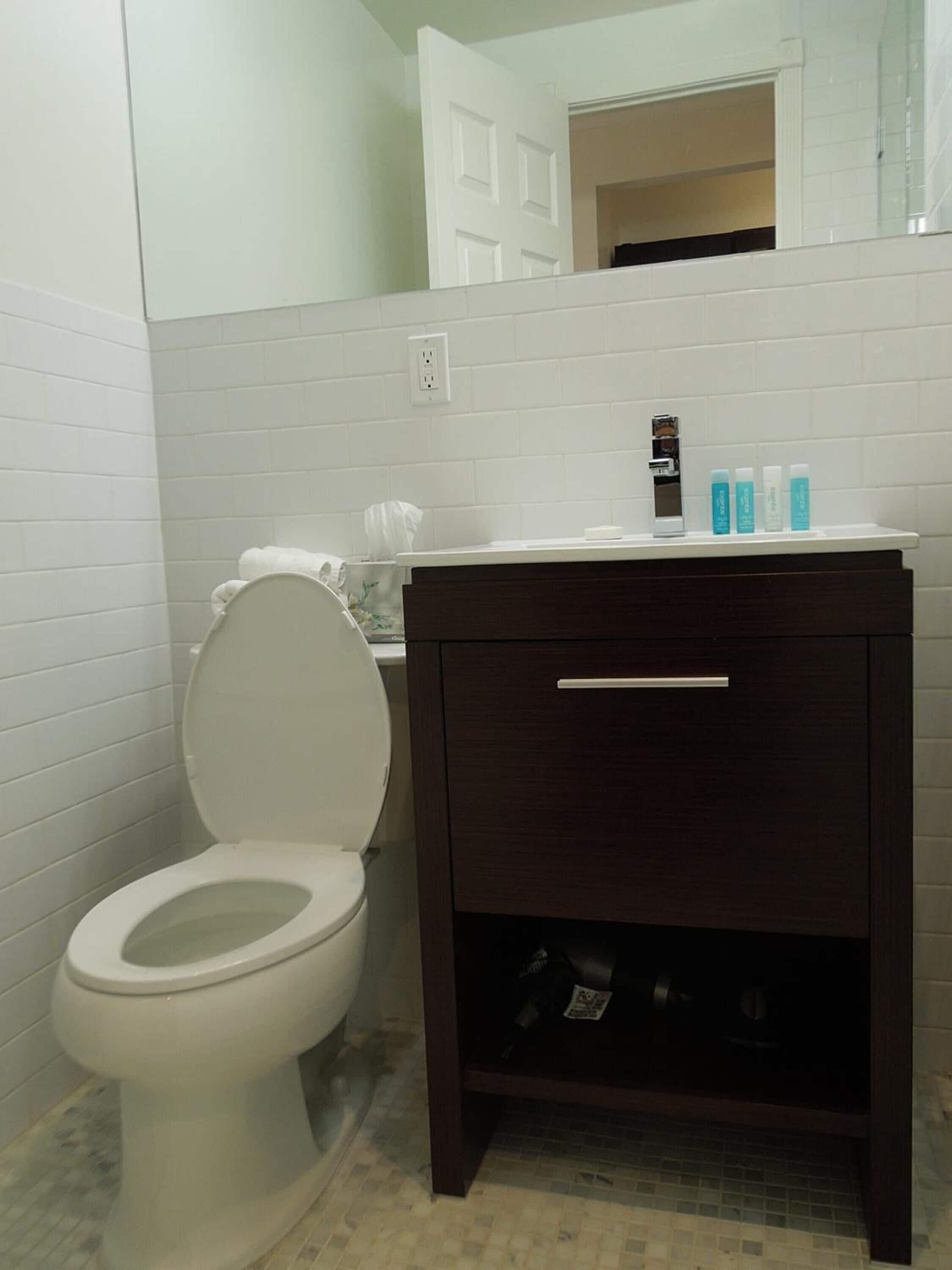 A bathroom with a white toilet, dark wooden vanity, and a mirror above the sink.