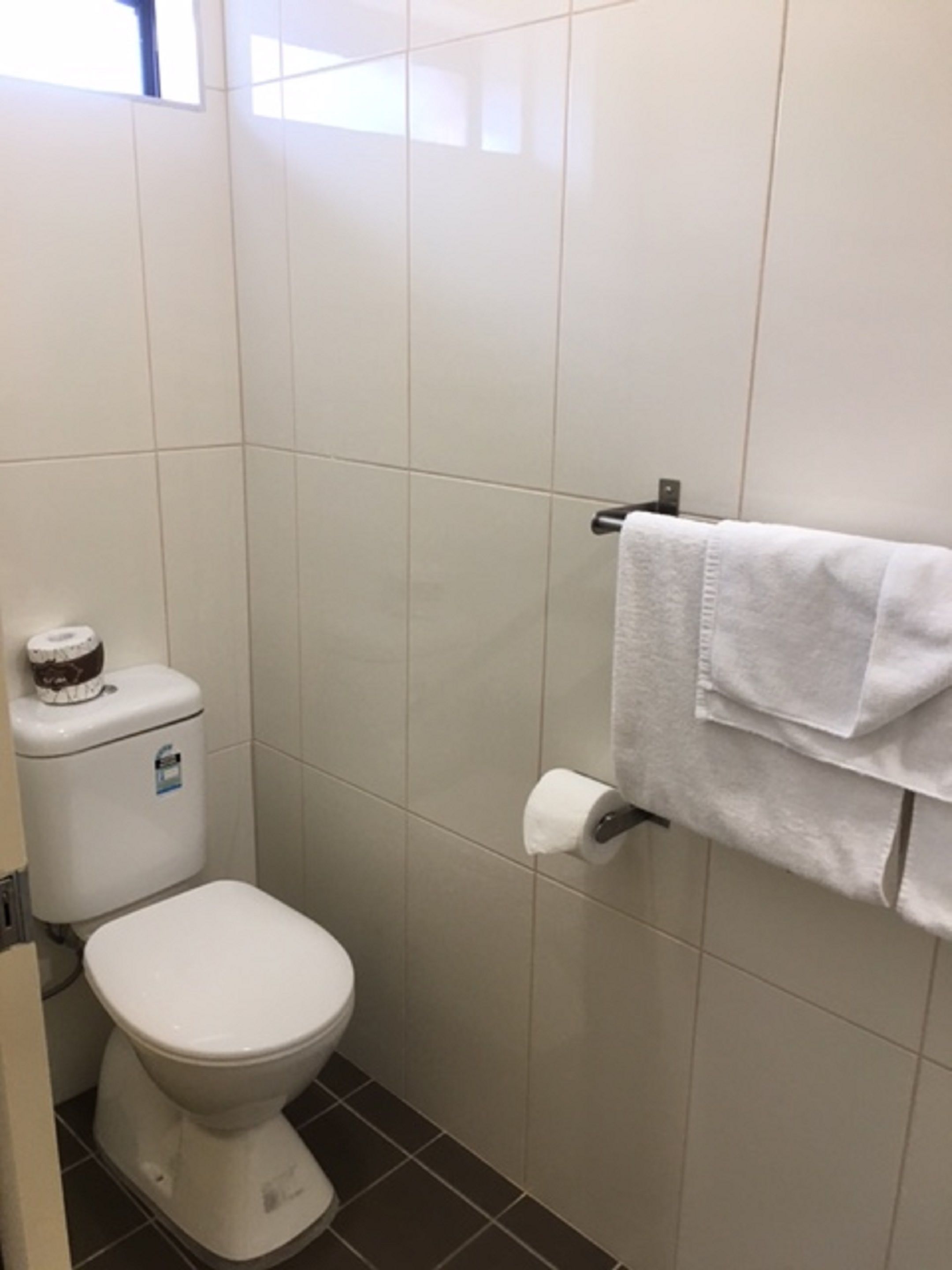 Een kleine, schone badkamer met toilet, een handdoekhouder met handdoek en een toiletrolhouder.