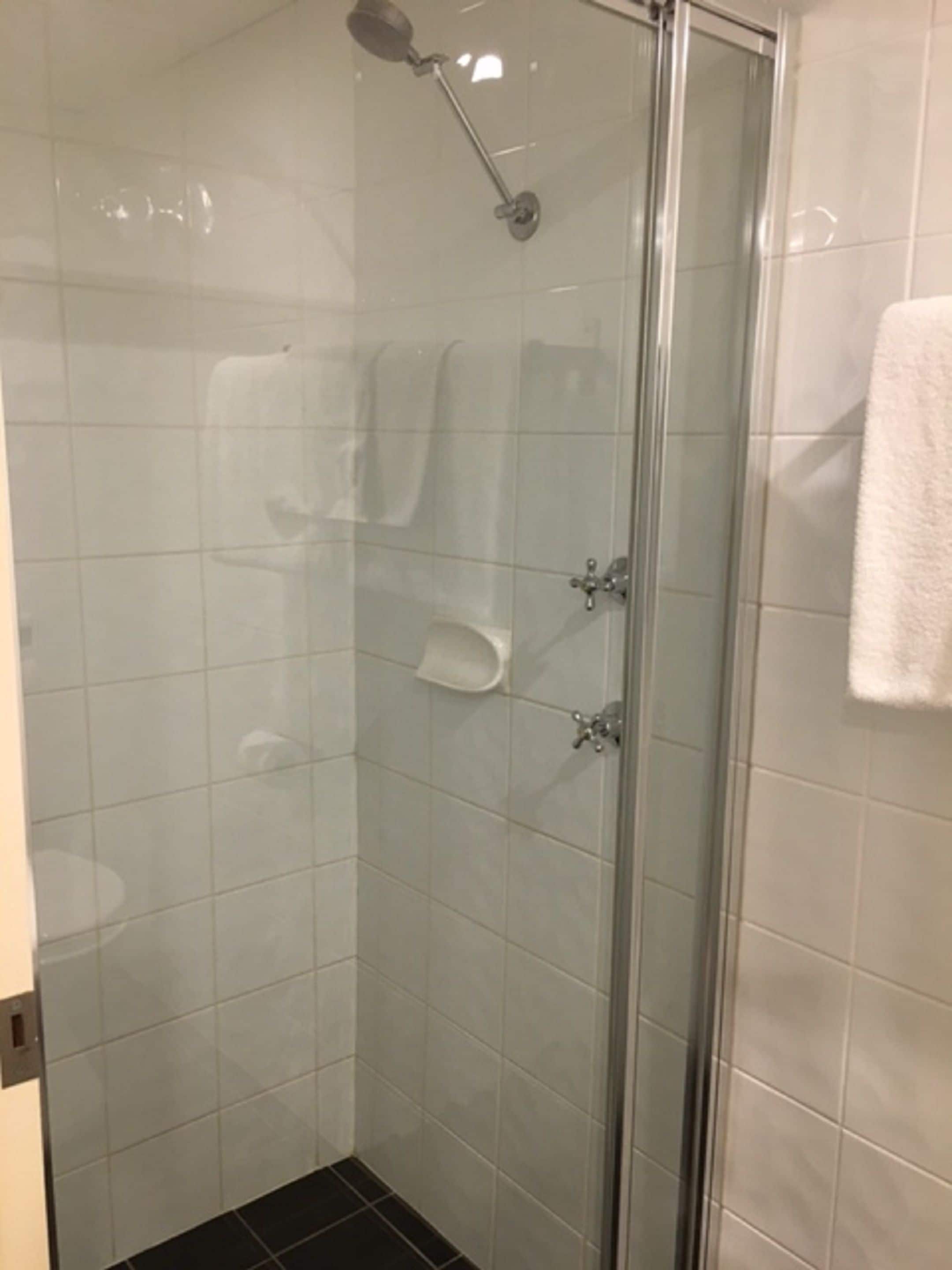 Een douche met glazen wand, een handdouche, een witte handdoek aan de muur en een zwarte betegelde vloer.