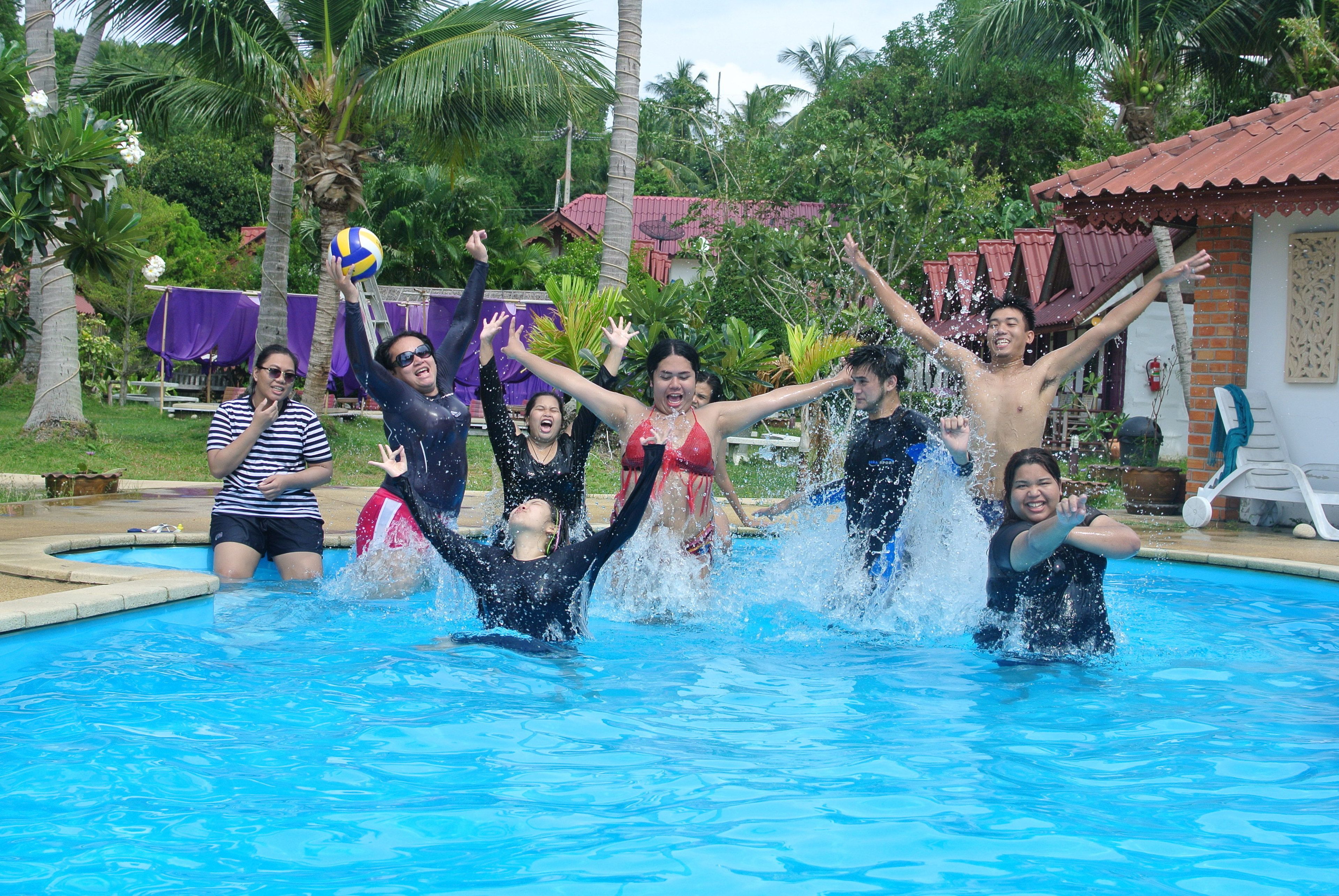 outdoor pool, pool umbrellas, pool loungers