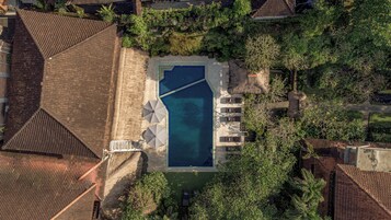 Vista aérea de una zona residencial con piscina rodeada de vegetación, una estructura de techo de paja y un camino pavimentado.