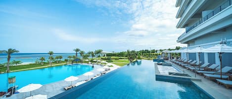 Indoor pool, outdoor pool, sun loungers