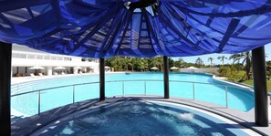 Indoor pool, outdoor pool, pool loungers