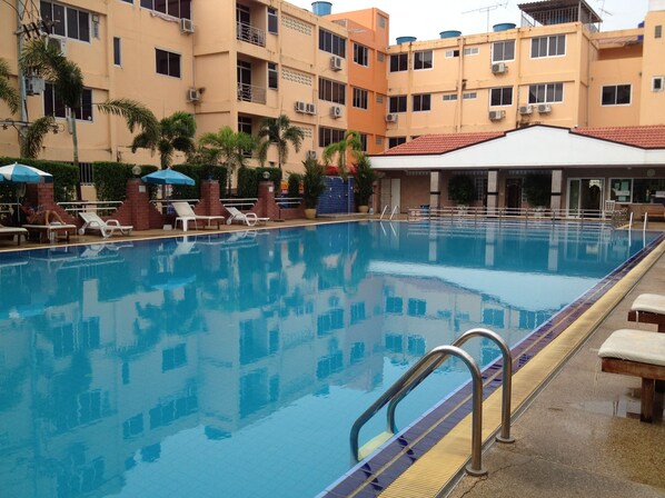 Outdoor pool, pool umbrellas, pool loungers