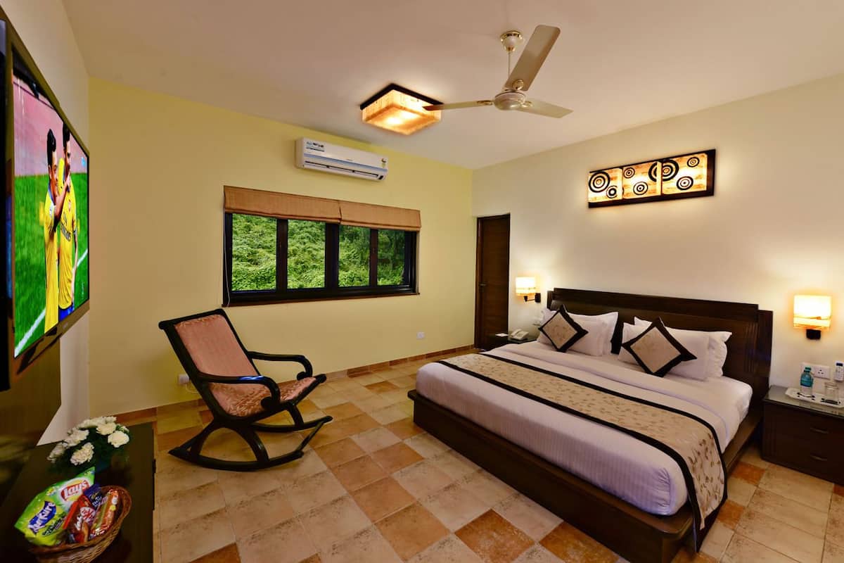 Habitación de hotel con cama, una silla, ventana y ventilador de techo.