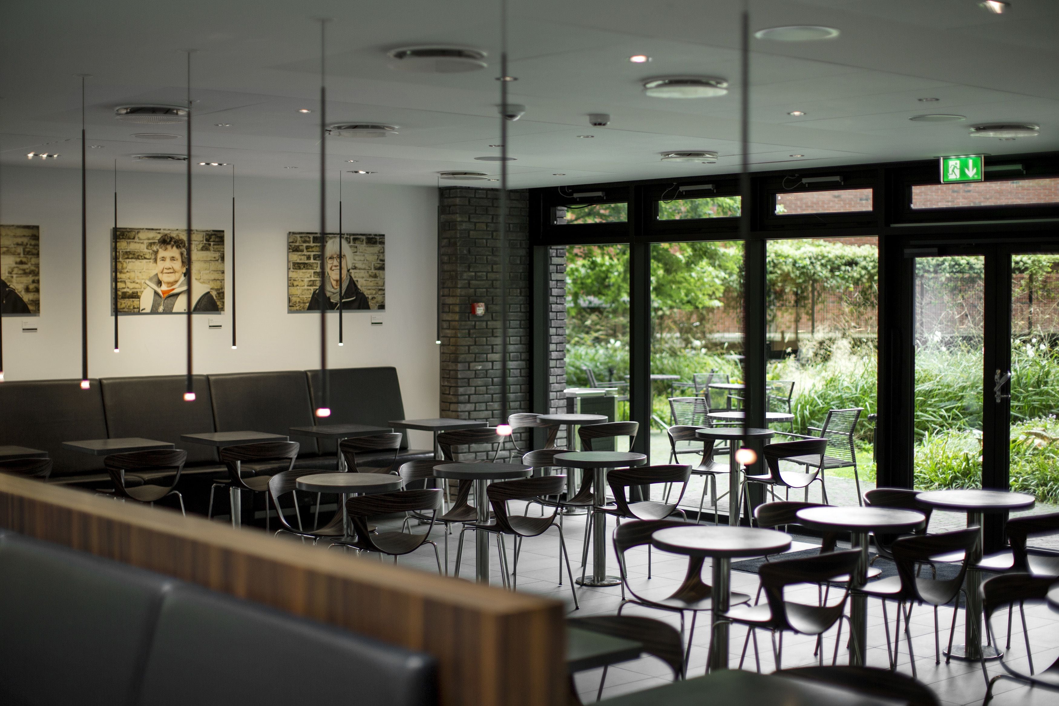 A modern cafe with a mix of seating options including tables and benches, large windows offering a view of greenery, and artwork on the walls.
