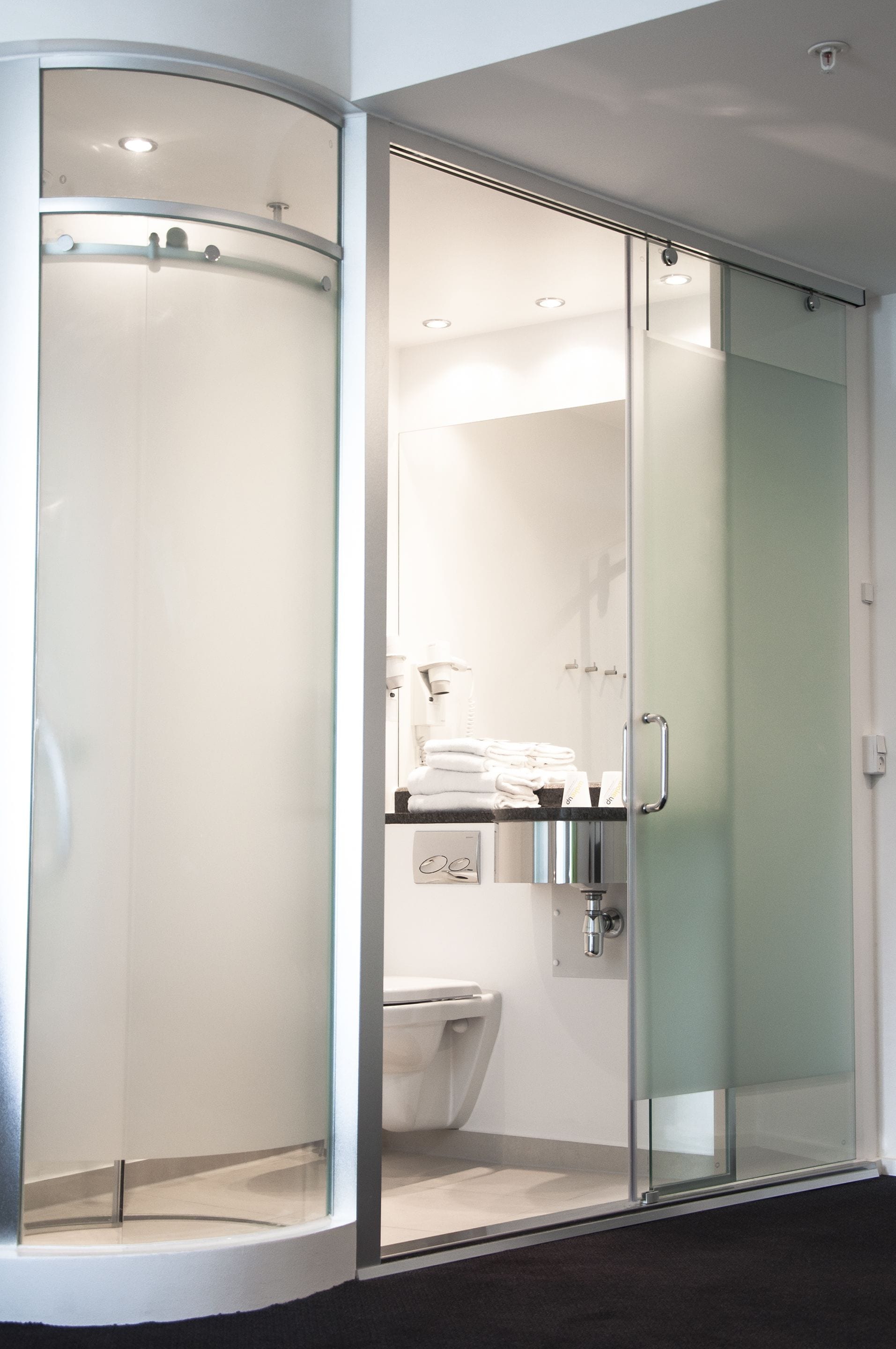 Een moderne badkamer met een douchecabine van glas, een toilet en een wastafel met een handdoekhouder.