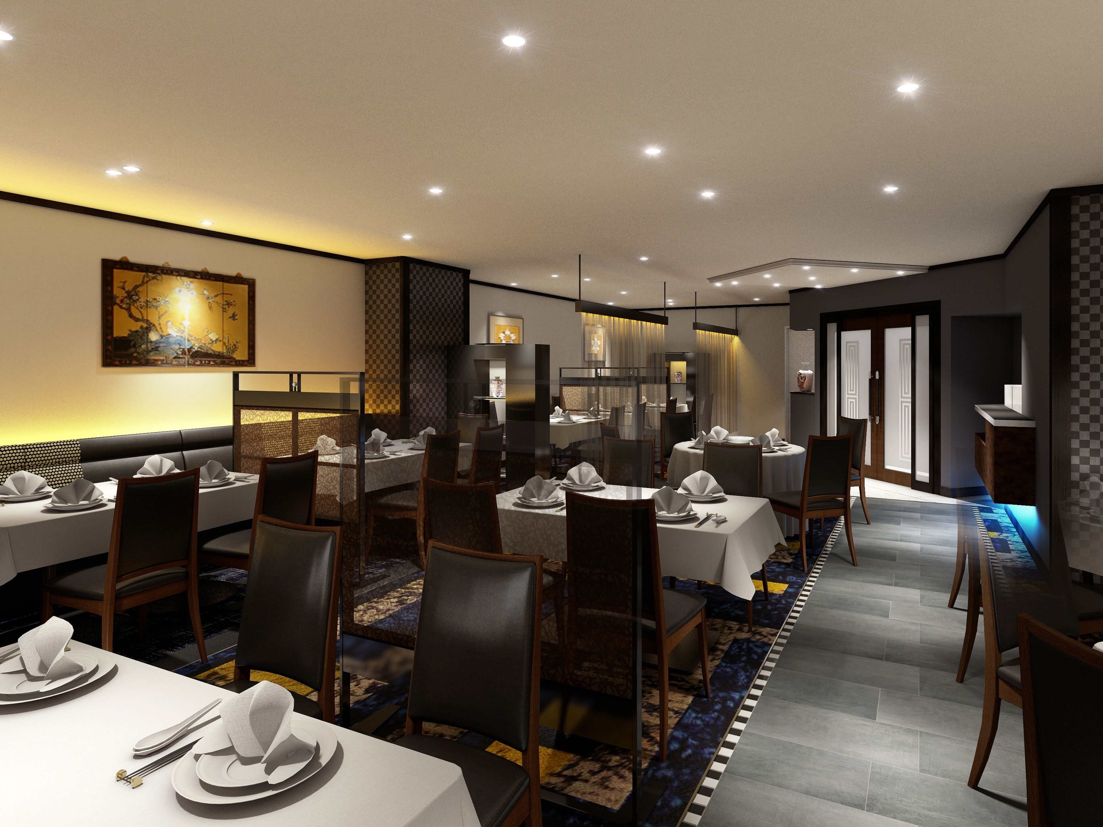 A modern dining area with multiple tables set for dining, featuring a mix of round and rectangular tables.