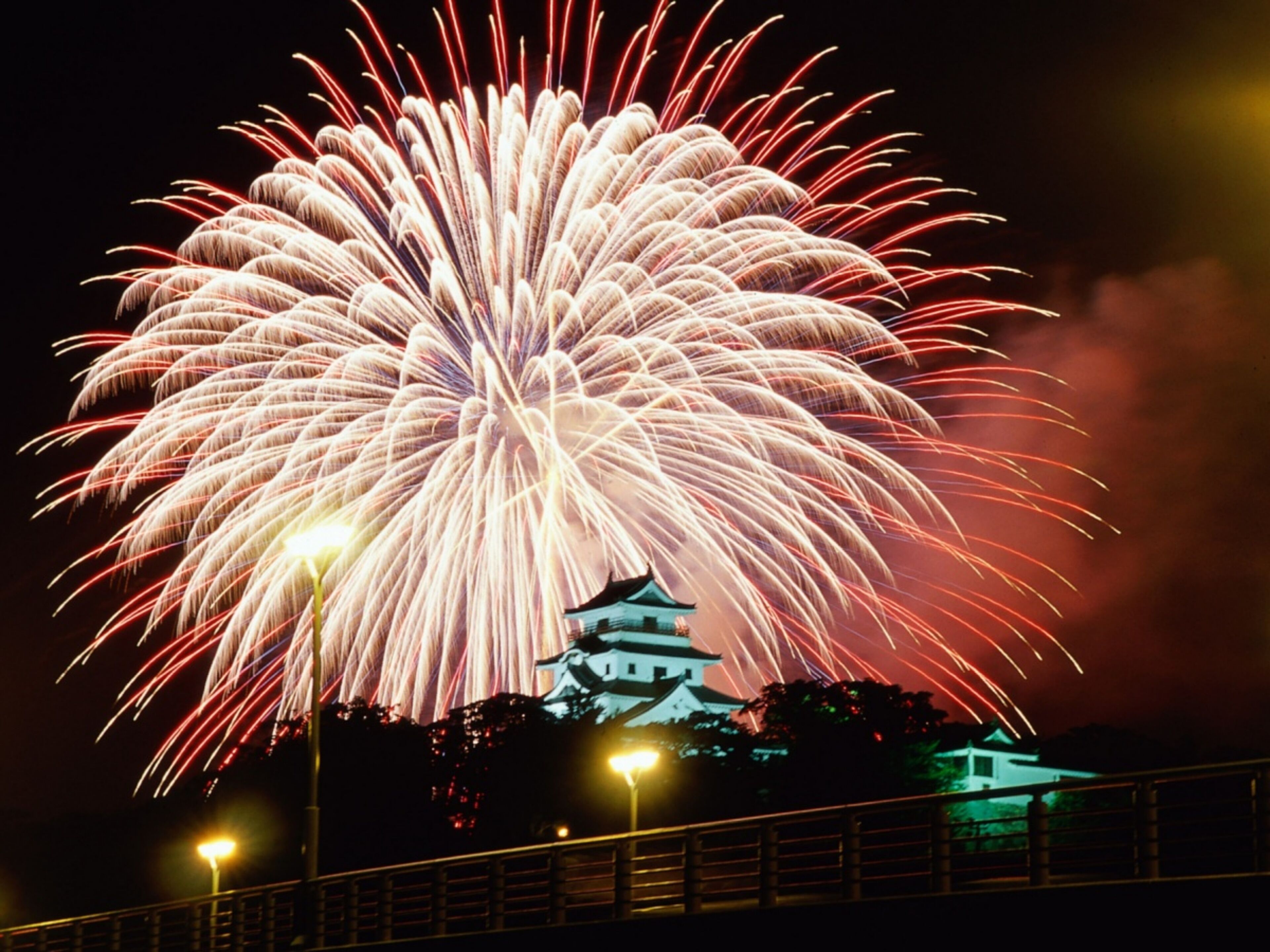 A night scene with fireworks over a traditional Japanese castle.