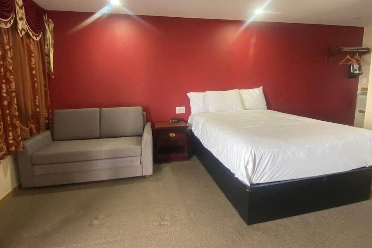 A room with a bed, a sofa, and a nightstand.