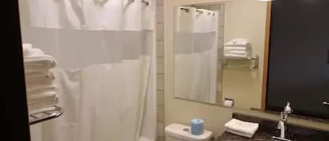Double with Two Double Beds | Bathroom | Combined shower/tub, hair dryer, towels