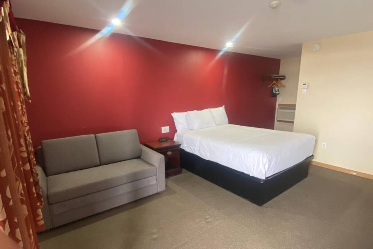A bedroom with a bed, a sofa, and a nightstand.