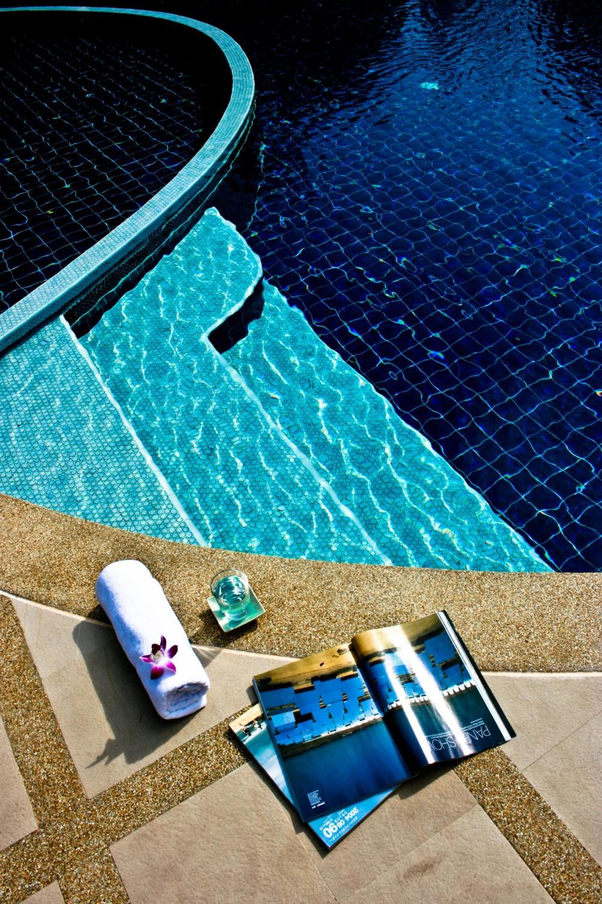 Outdoor pool, pool umbrellas, pool loungers
