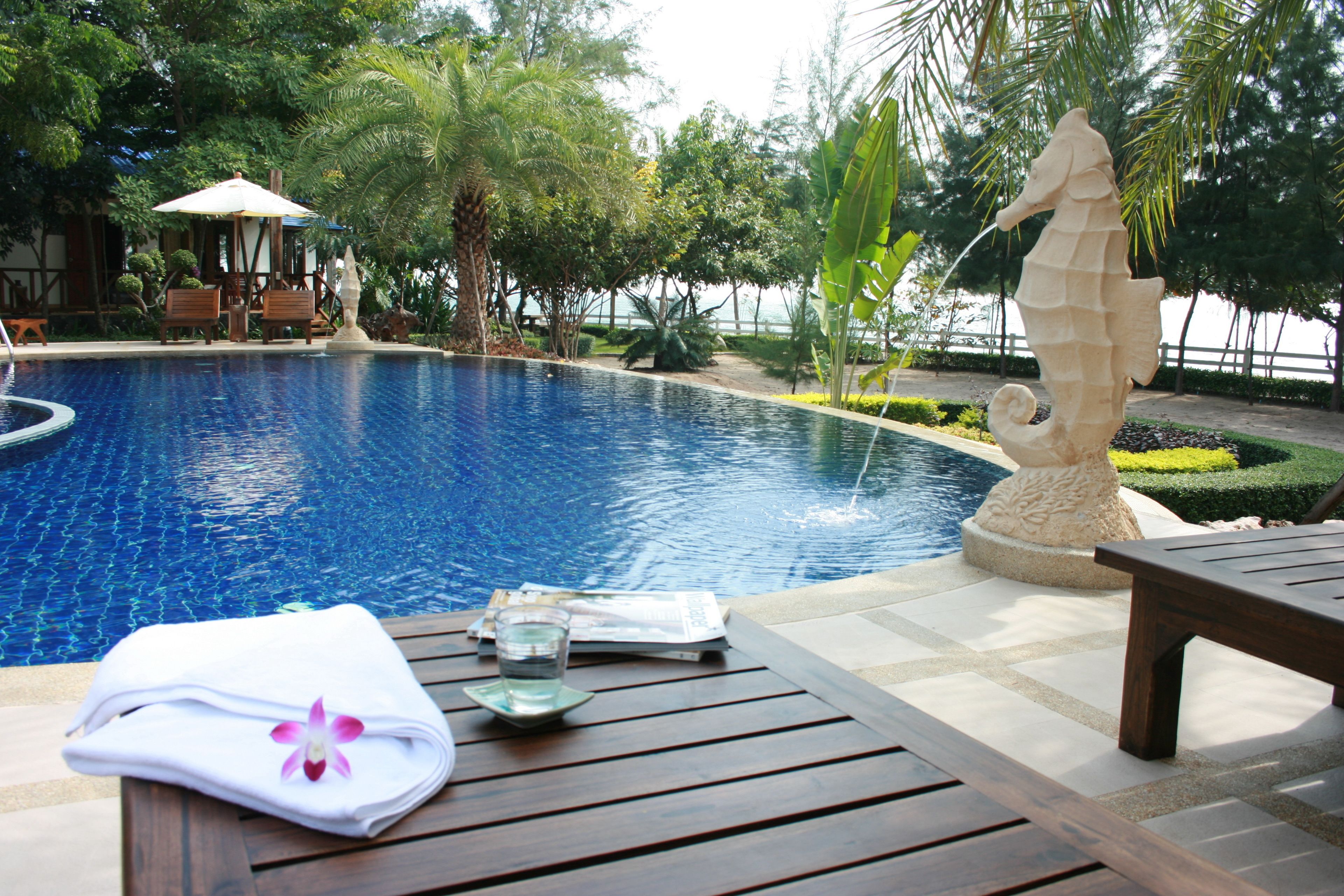 outdoor pool, pool umbrellas, pool loungers