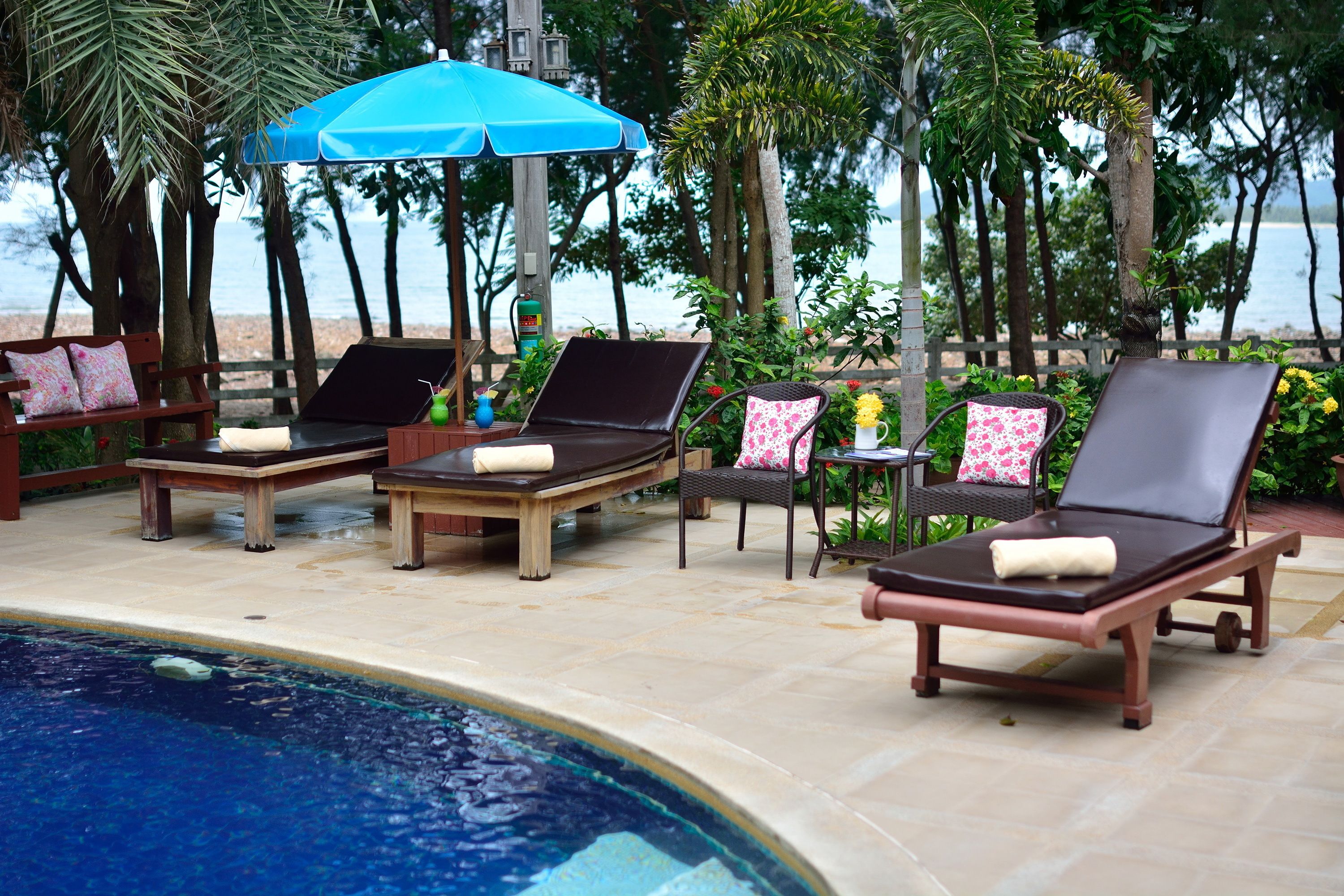 Outdoor pool, pool umbrellas, pool loungers