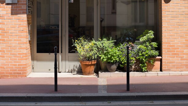 Entrada de hotel com uma placa indicando "Hôtel de France" e uma porta de vidro. Há plantas em vasos na frente e um poste de luz à esquerda.