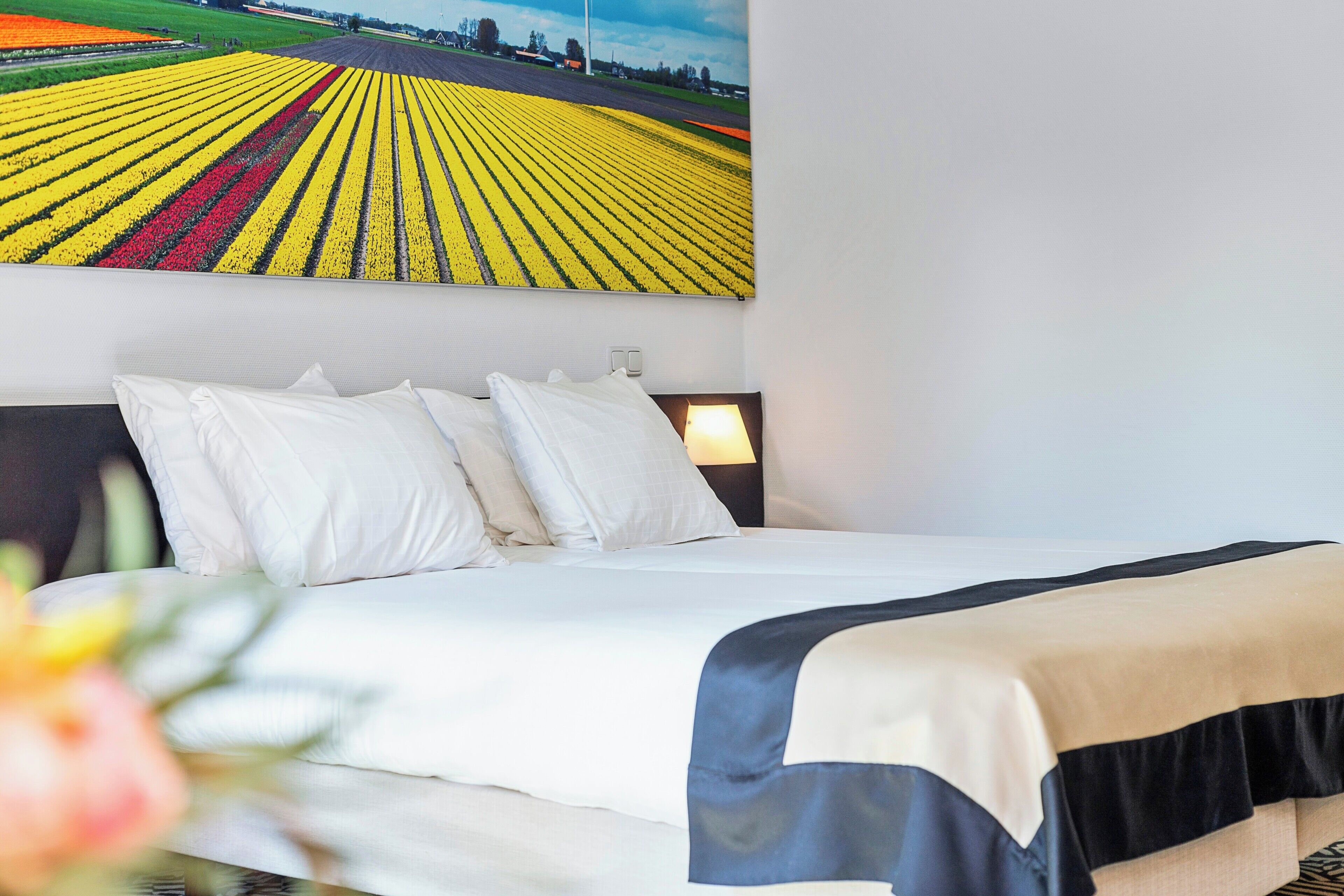 A hotel room with a bed, white bedding, a black and beige bedspread, and a large window with a view of a field.