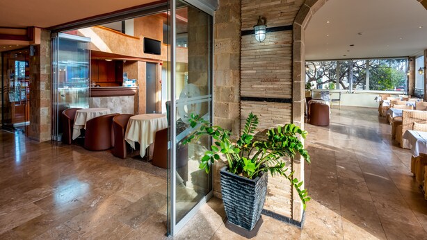 Een modern interieur met een glazen deur die leidt naar een eetgedeelte, een grote potplant en een stenen muur met een houten boog.