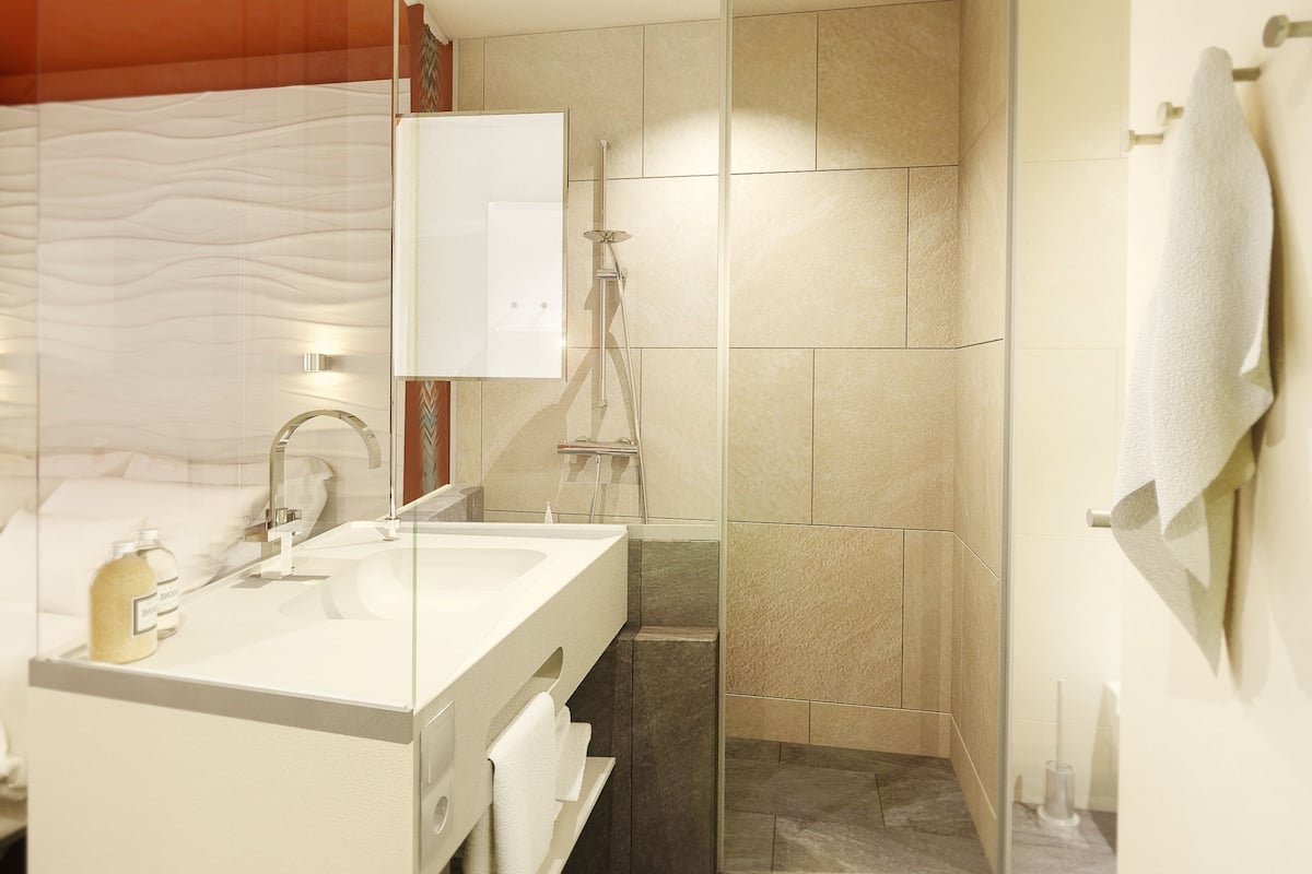 shower, rainfall showerhead, hair dryer, bathrobes