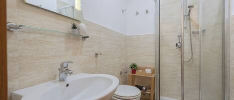 A modern bathroom with a glass shower enclosure, a pedestal sink, and a toilet.