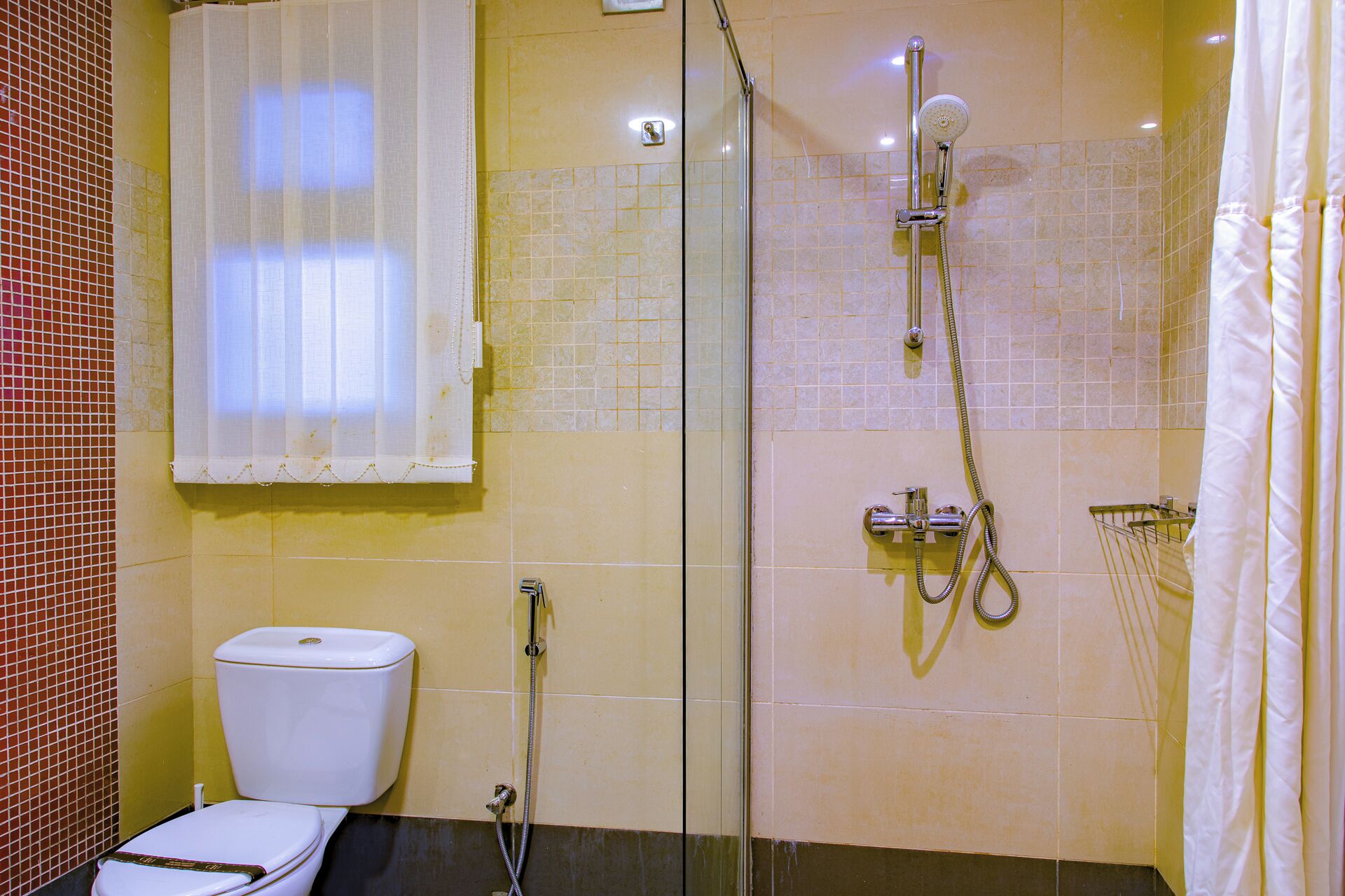 A bathroom with a toilet, a shower with a glass door, and a towel rack.
