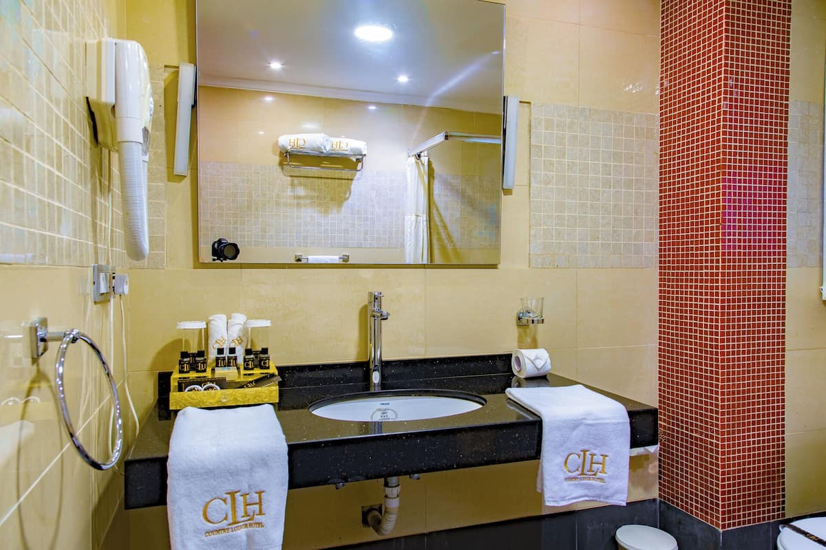 Ein Badezimmer mit Waschbecken, Spiegel und Handtuchhalter.