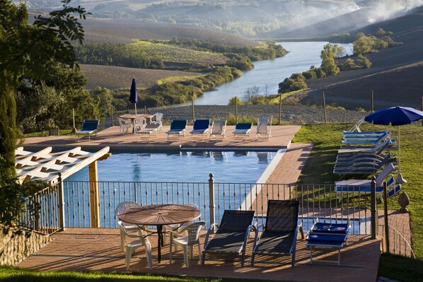 Outdoor pool, pool umbrellas, pool loungers