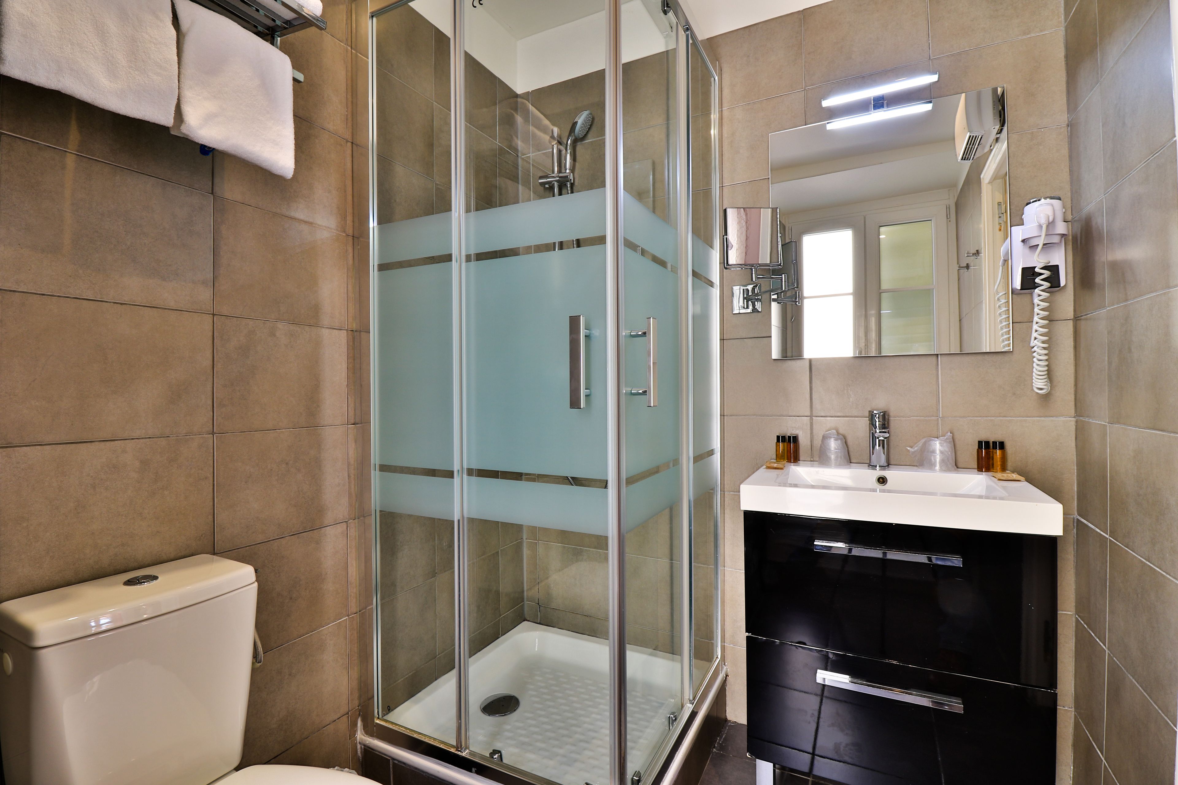 shower, free toiletries, hair dryer, bathrobes