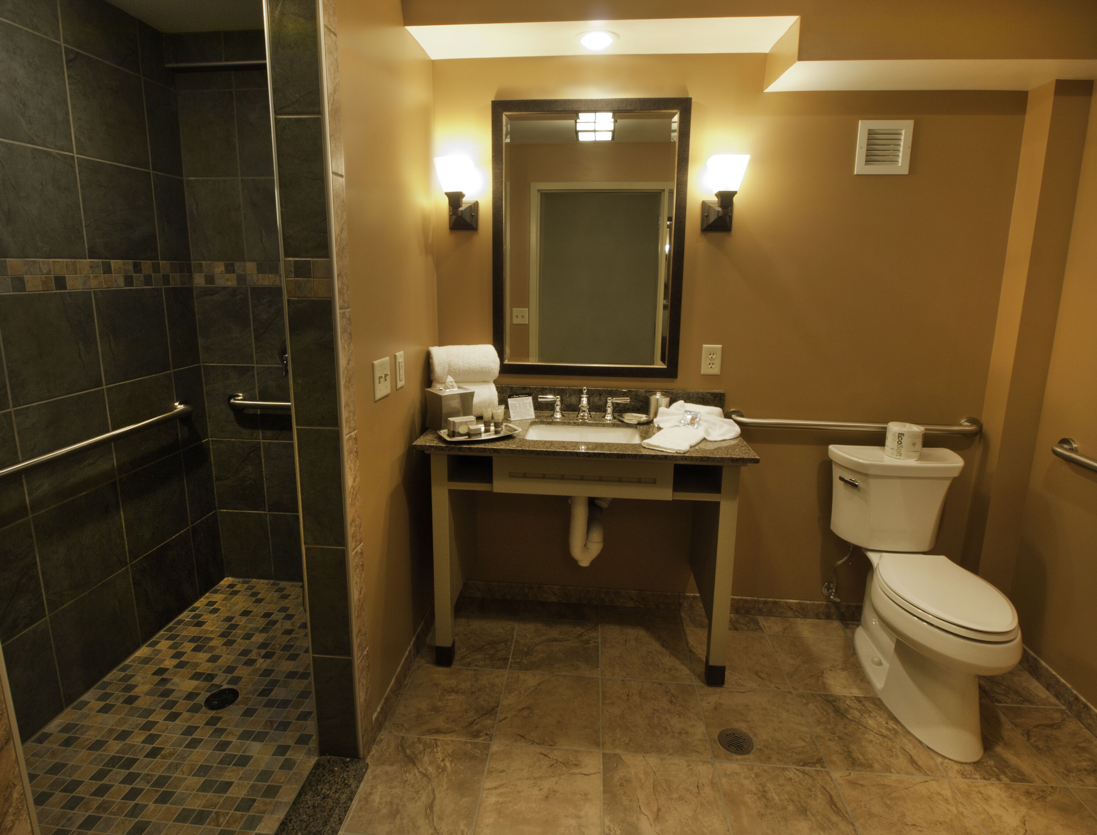 Une salle de bain avec une douche, un lavabo et des toilettes.