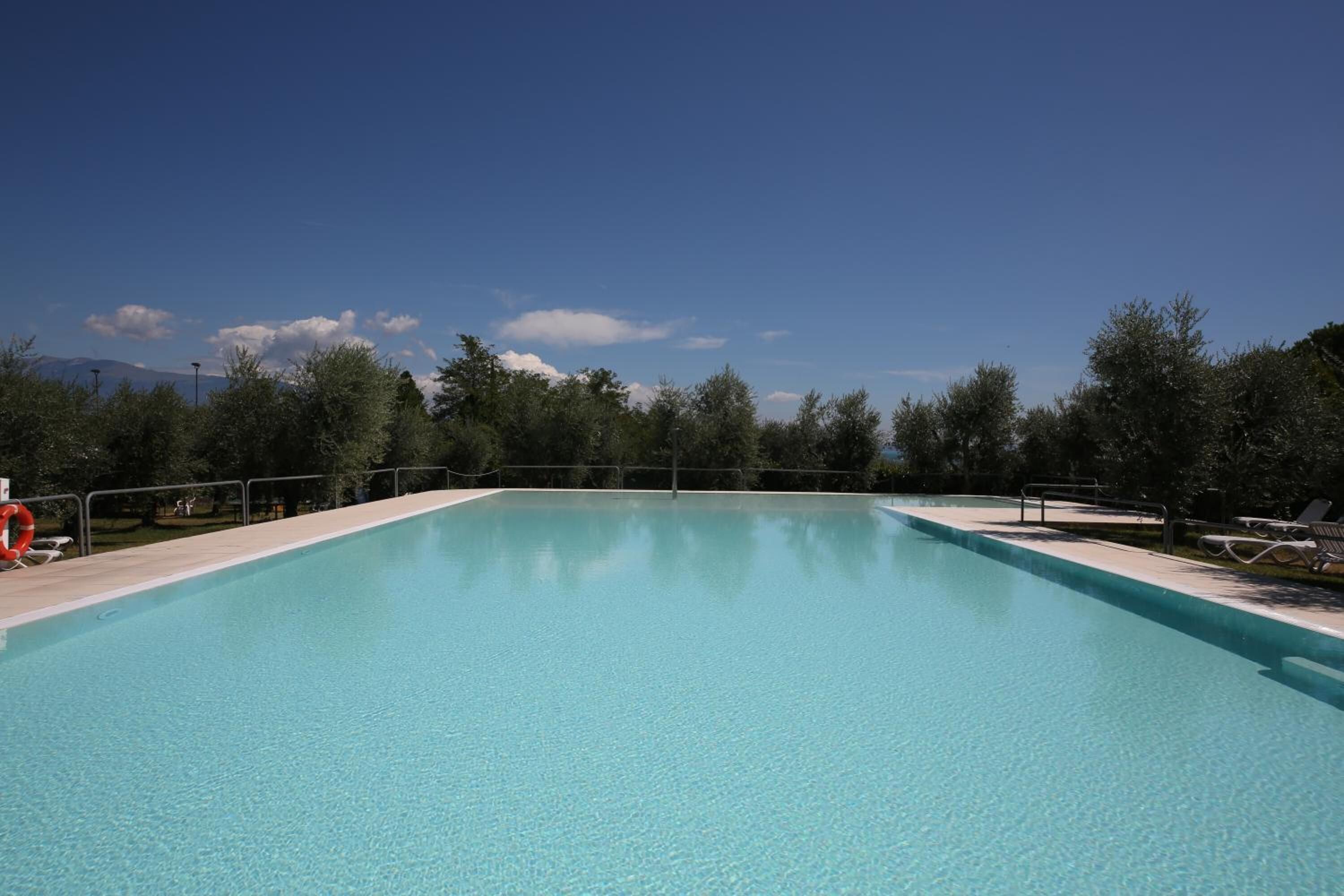 Una piscina rectangular con agua azul cristalina, rodeada por una cerca de metal y sombras de árboles.