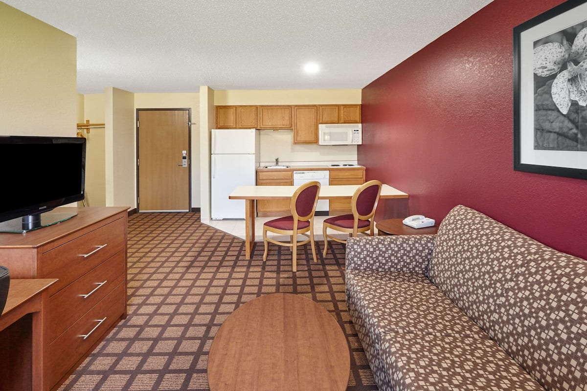 A compact living space with a kitchenette, a sofa, a TV, and a dining area.