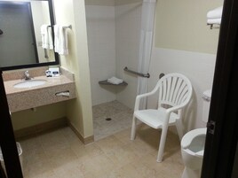 Un baño con lavabo, espejo, ducha e inodoro.