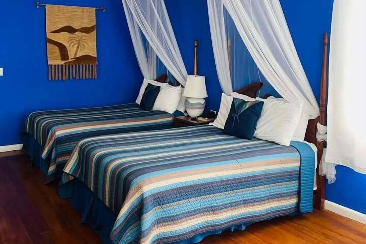 A bedroom with two beds, a ceiling fan, and a mosquito net.