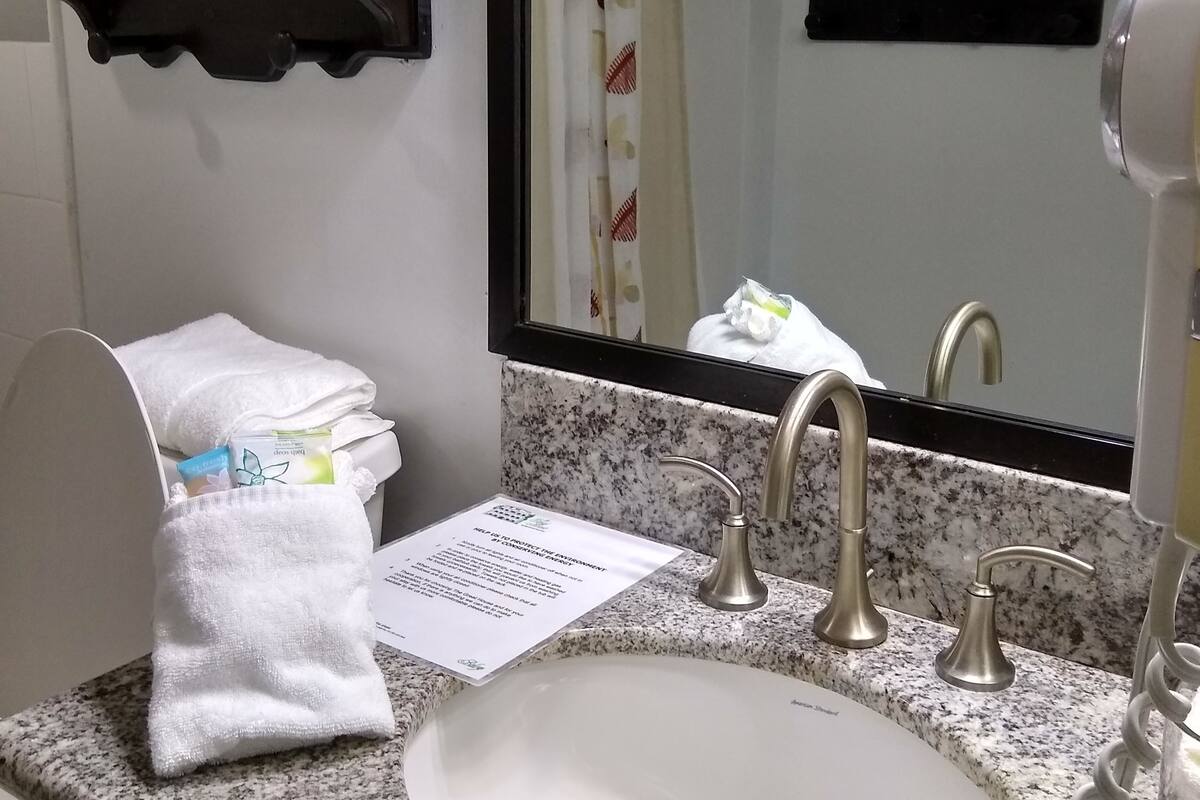 superior room, 1 queen bed, courtyard view | bathroom | combined shower/bathtub, free toiletries, hair dryer, towels