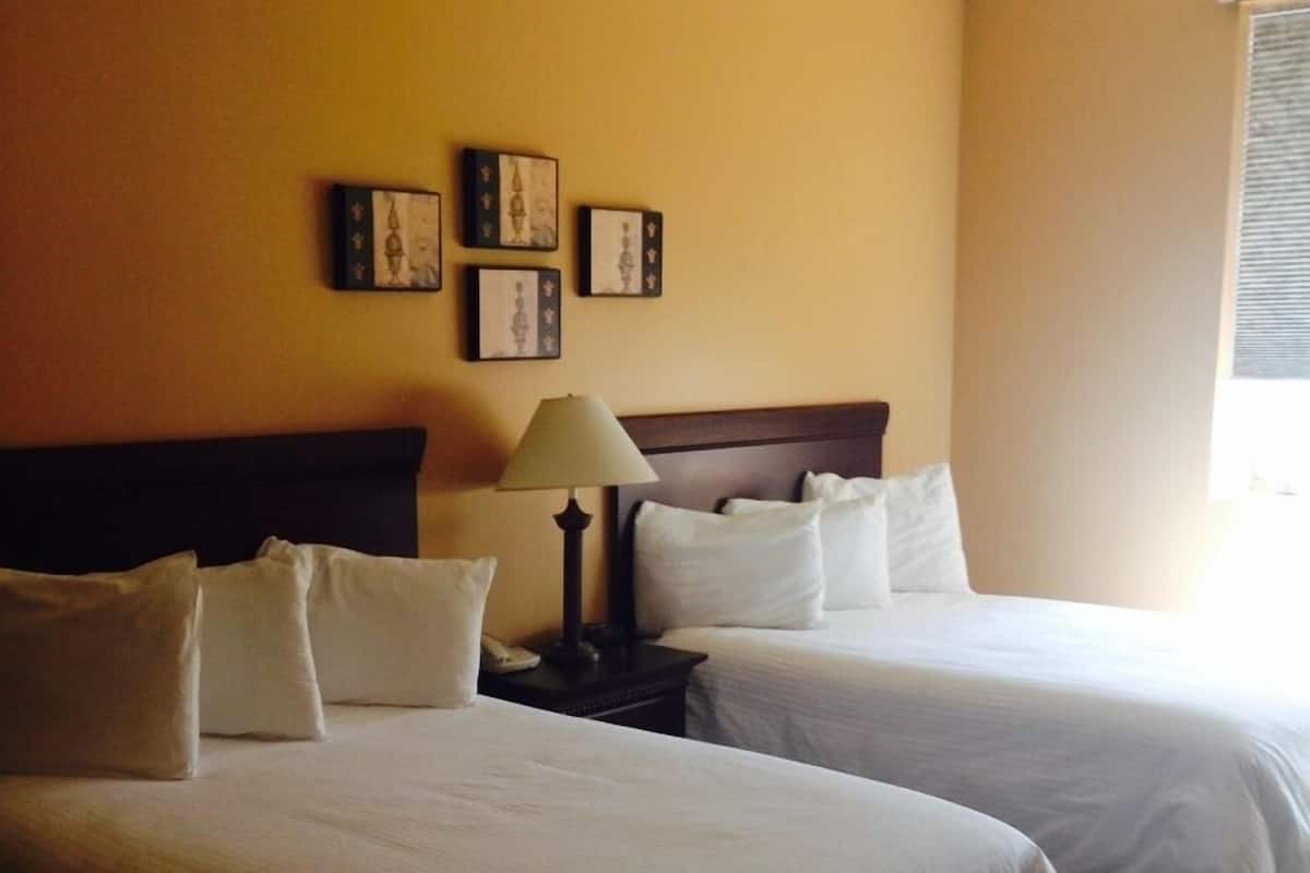 A hotel room with two beds, a nightstand with a lamp, and framed pictures on the wall.