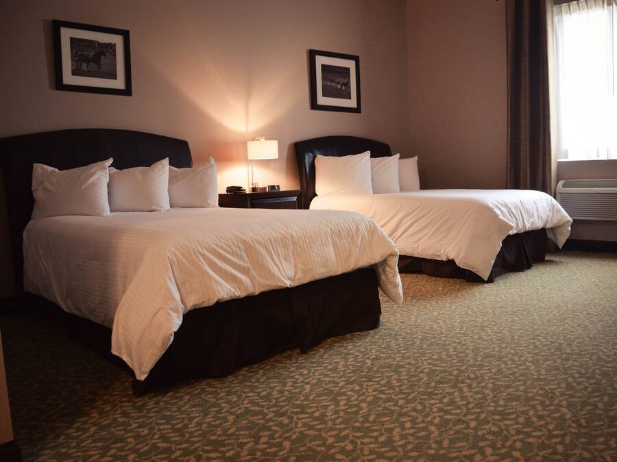A hotel room with two beds, a nightstand, a lamp, framed pictures on the wall, and an air conditioning unit.