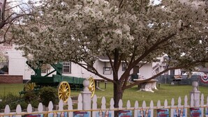 A white picket fence with signs welcoming visitors to the Eastern Sierras, a green cart, and a tree with white blossoms. - Bridgeport Inn (Bridgeport)