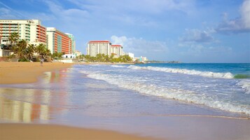 Un hotel frente al mar con varios pisos, palmeras y una vista despejada del océano.
