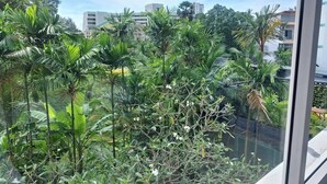 A view of a lush garden with various tropical plants and a building in the background. - Karon Living Room (Karon)