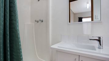 A bathroom with a shower, a sink, and a mirror.