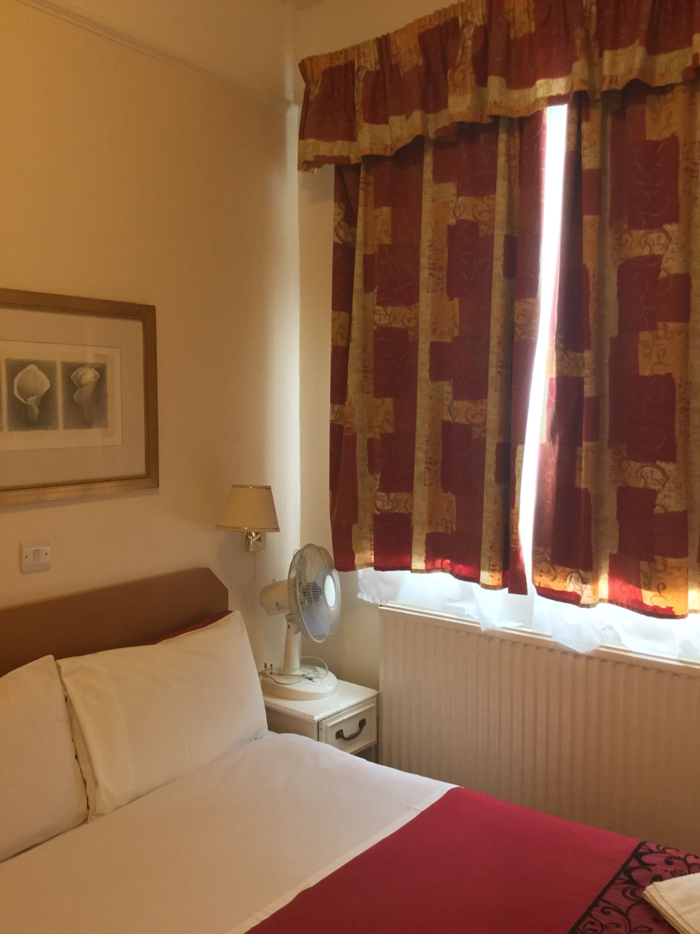 A hotel room with a bed, a nightstand with a lamp and fan, a window with patterned curtains, and a framed picture on the wall.