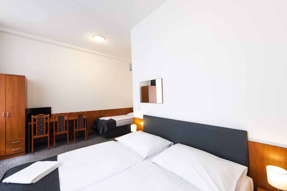 A hotel room with a large bed, a desk with a chair, a wardrobe, and a mirror on the wall.